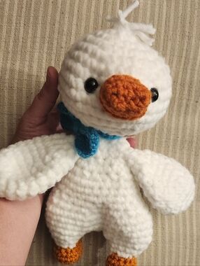 Handmade 10" White Crochet Duck Plush with Orange Beak and Blue Bow